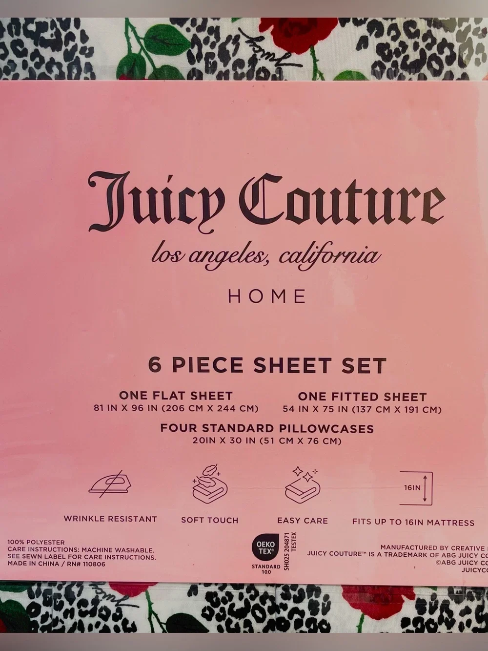 Juicy Couture DP 6-pc Full Sheet Set Leopard Print Long StemmedRed Roses NEW NIP